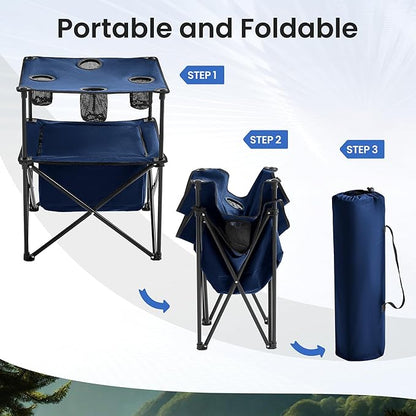 Portable Outdoor Folding Camping Table with 4 Cup Holders & Cooler Compartment, Waterproof Picnic Table for Picnic, BBQ, Beach, Hiking (Navy Blue)