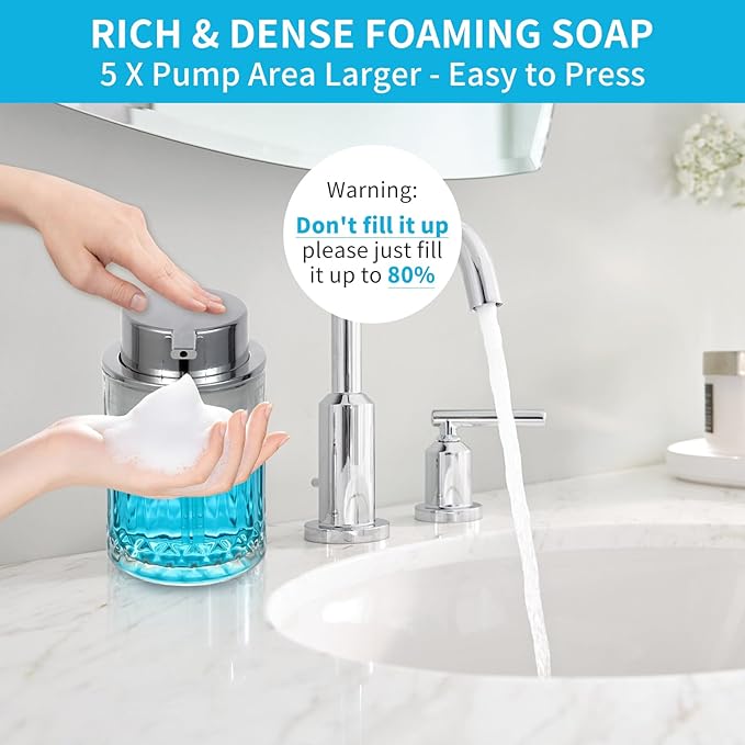 Foaming Soap Dispenser,2 Pack Clear Glass Foam Hand Soap Dispenser for Bathroom, Refillable 8 Fl Oz Foamy Pump Bottle with Large Sliver Pump,Vintage Dish Soap Foam Dispenser