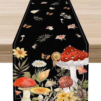 Mushroom Table Runner, Rustic Farmhouse Forest PlantsBotanical Wildfloral Coffee Table Center Decor for Home Kitchen Dining Patio Holiday Party Indoor Outdoor Table Decorations, 13"x72" Inch