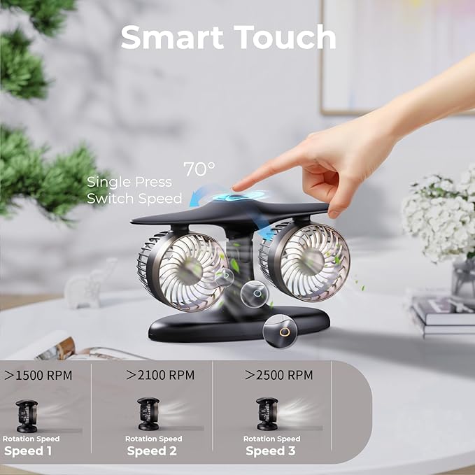 Portable Desk Fan, 8000mAh Battery Powered Small Quiet Table Fan for Bedroom Office, Aviation Style Turbine Personal Fan with LED Light, Retro Cordless Cooling Fan for Home, Travel & Sleeping