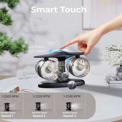 Portable Desk Fan, 8000mAh Battery Powered Small Quiet Table Fan for Bedroom Office, Aviation Style Turbine Personal Fan with LED Light, Retro Cordless Cooling Fan for Home, Travel & Sleeping
