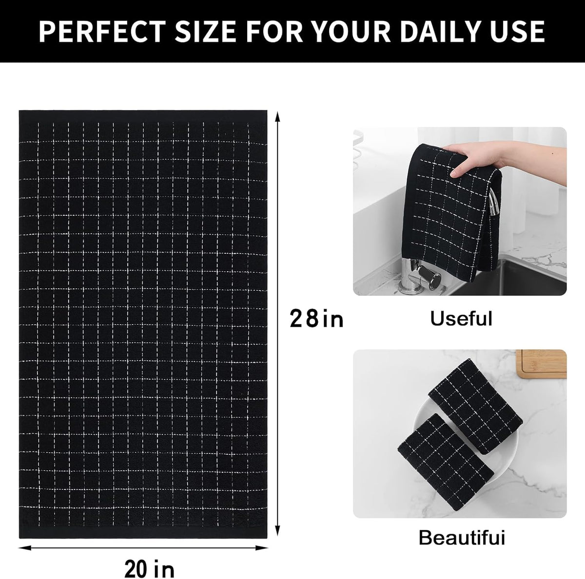 Homaxy 100% Cotton Terry Kitchen Towels(Black, 20 x 28 inches), Checkered Designed, Soft and Super Absorbent Dish Towels, Large 4 Pack