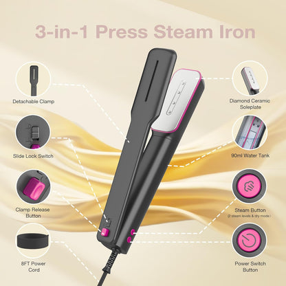 Newbealer 3in1 Clamp Travel Steam Iron with Global Voltage, 100-240V Clothes Steamer, Dry Ironing & 2 Steam Levels, Non-Stick Ceramic Soleplate, Auto-Off, Self Cleaning, w/Detachable Clamp (Ashpink)