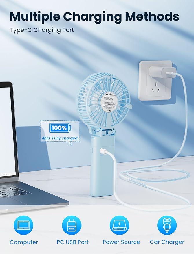 HandFan 5200mAh Handheld Fan Rechargeable, 20H Runtime Hand Fan, 3 Speeds Strong Airflow, Personal 180° Foldable Portable Fans for Travel/Summer/Concerts/Lash/Commute, Gifts for Women (Blue)