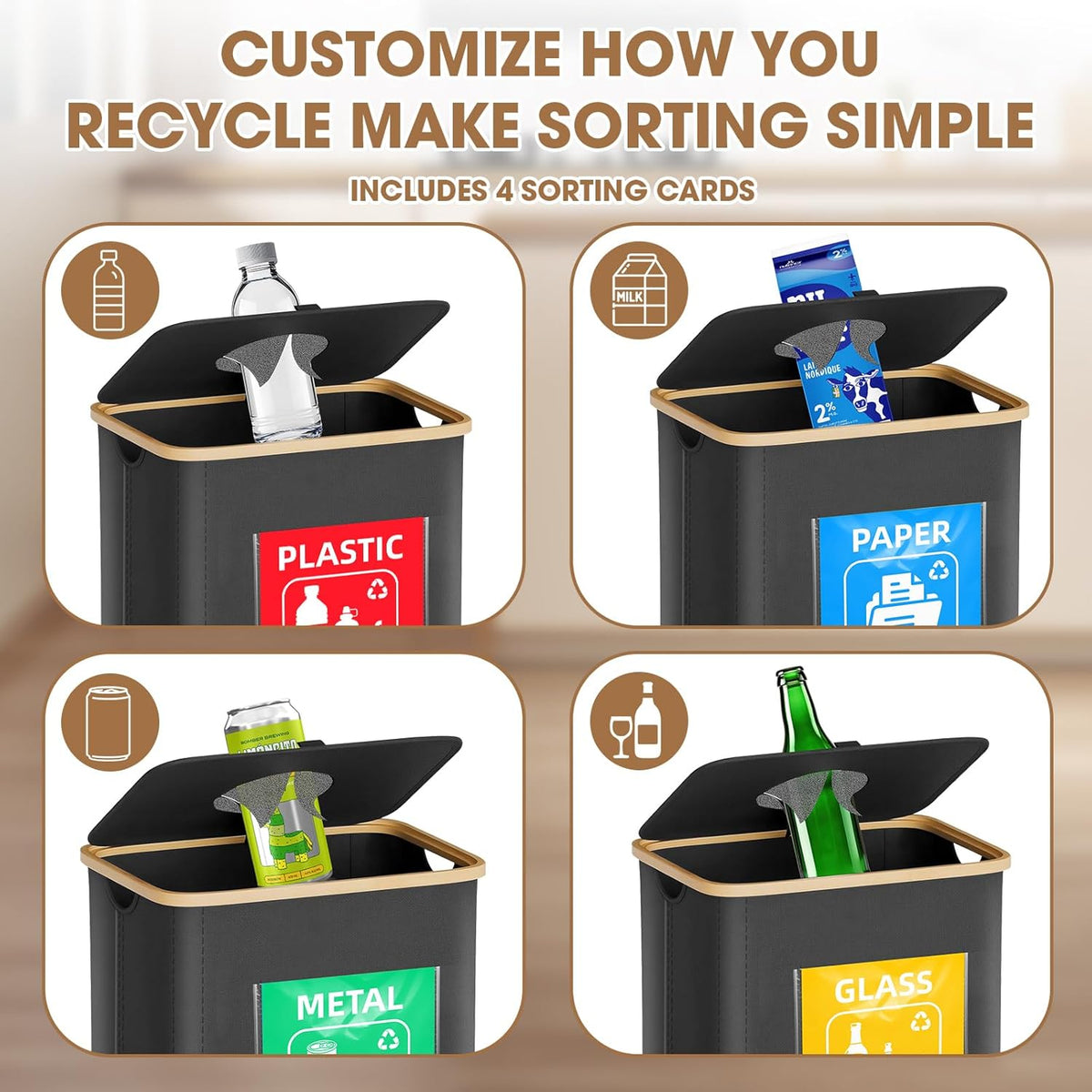 Recycling Bin for Kitchen 26 Gallon 100L, Indoor Recycle Bins with Lid, Hands-Free Access, Sorting Cards for Paper Plastic Glass Metal, Collapsible Waterproof Waste Bin