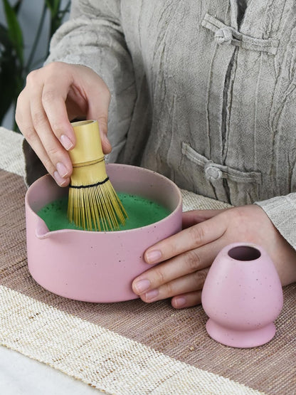 Artcome Matte Pink Matcha Bowl Set with Spout – Handmade Ceramic Chawan, Bamboo Whisk, Whisk Holder, Tea Scoop, and Matcha Manual – Japanese Tea Ceremony Set for Matcha Lovers
