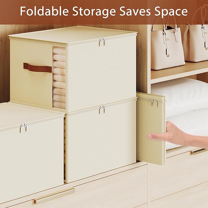 Clothes Storage Bins with Sturdy Frames, Foldable Fabric Clothing Organizer Box for Moving, Sweater Storage Cube with Lids and Zipper, Linen Closet Storage Bags for Blankets, Clothes, Sheet