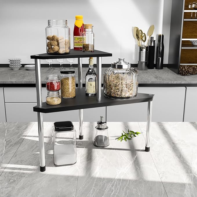 Weenson Bathroom Counter Organizer Over Sink for Toiletries, Makeup, Kitchen Countertop Organizer Spice Rack for Salt, 2-Tier Corner Counter Shelf for Coffee Area Storage Dresser Table(Black)