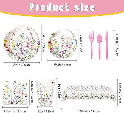 141Pcs Wildflower Party Decorations Garden Floral Themed Birthday Party Supplies with Plates Napkins Cups Knives Forks Straw Tablecloth Set for 20 Guests