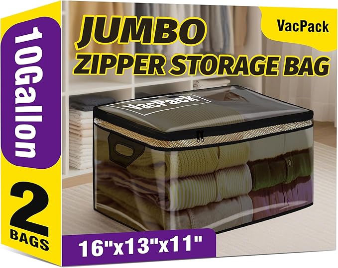 VacPack Large Clear Storage Bags with Reinforced Handles and Zipper Closure, Ideal for Clothes, Bedding, Closet and Under bed Organization (2 Pack, 10 Gallon)
