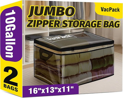 VacPack Large Clear Storage Bags with Reinforced Handles and Zipper Closure, Ideal for Clothes, Bedding, Closet and Under bed Organization (2 Pack, 10 Gallon)