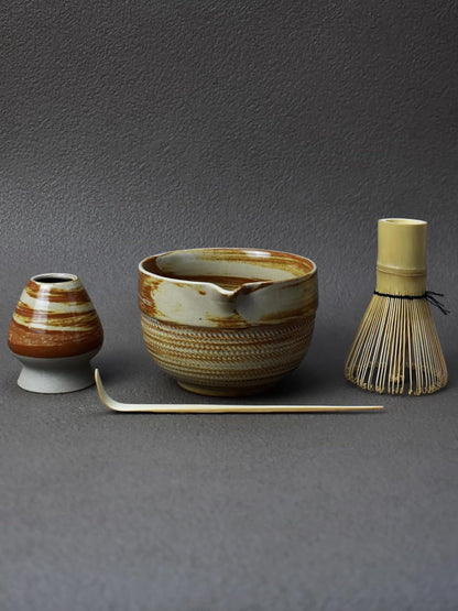 Matcha Tea Set – 4 Piece Traditional Japanese Matcha Kit with Beige & Brown Ceramic Spout Bowl, Whisk, Holder, Scoop & Guide – Authentic Tea Ceremony Set for Home Use