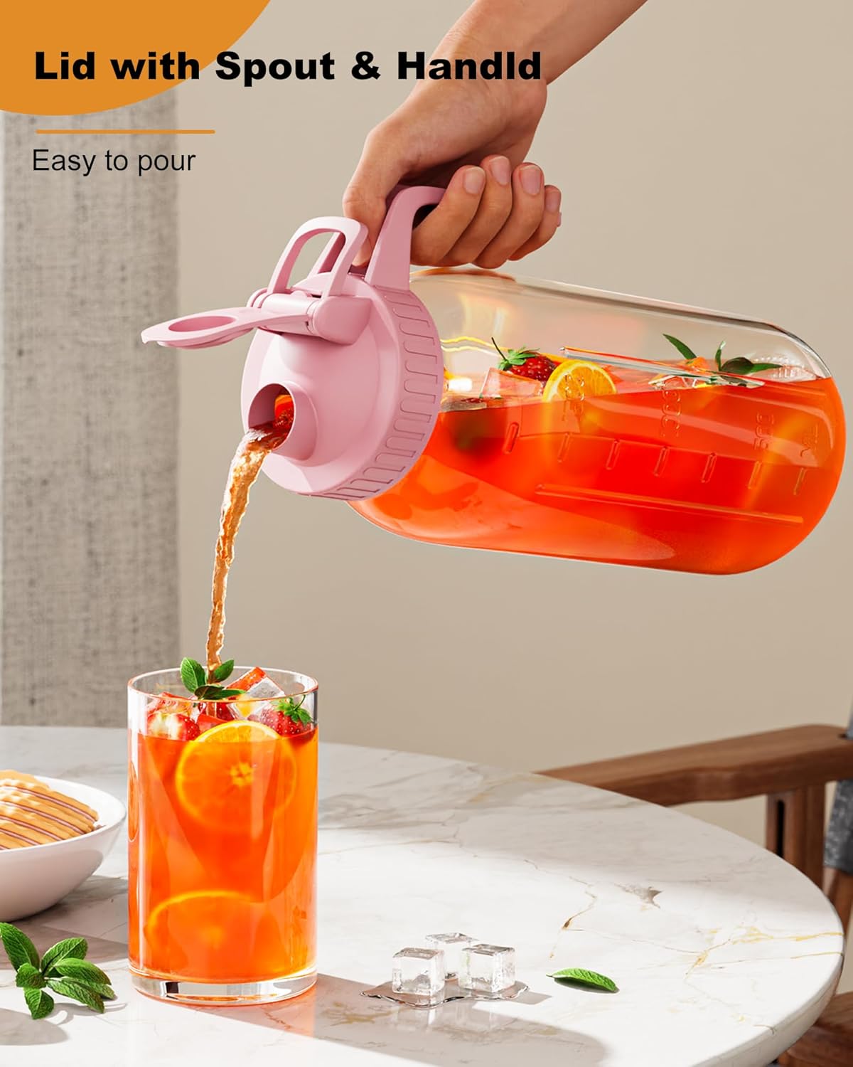 64oz Glass Mason Jar Pitcher with Lid and Spout, 2 Quart Airtight Glass Water Jug, Leakproof Wide Mouth Mason Jar Pitcher for Iced Sun Tea, Milk Storage, Cold Brew Coffee, Juice, Pink