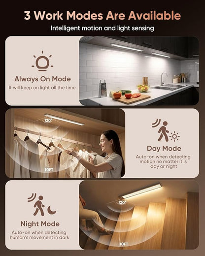 16inch Under Cabinet Lighting, 216LED Motion Sensor Light Indoor, Rechargeable Closet Lights, 3 Color Temps, Dimmable, Wireless Under Counter Lights for Kitchen, Stairs, Pantry, 4 Pack