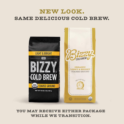 Bizzy Organic Cold Brew Coffee, Light & Bright Blend, Coarse Ground Coffee, Light Roast, Micro Sifted, Specialty Grade, 100% Arabica, 1 LB