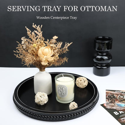 Round Black Wood Serving Tray with Beads, Wooden Decorative Tray for Entertaining, Decoration, and Gifting