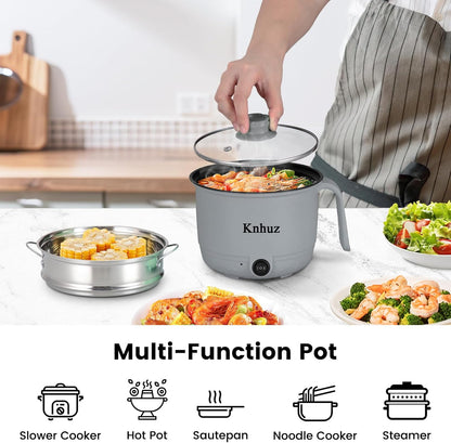 Hot Pot Electric With Steamer,Rapid Ramen Cooker,1.8L Mini Portable Self Heating Electric Pot For Cooking Noodles Steak Pasta,Shabu Shabu Hotpot Pot Electric Dorm Lazy Pot,Non-Stick Gray