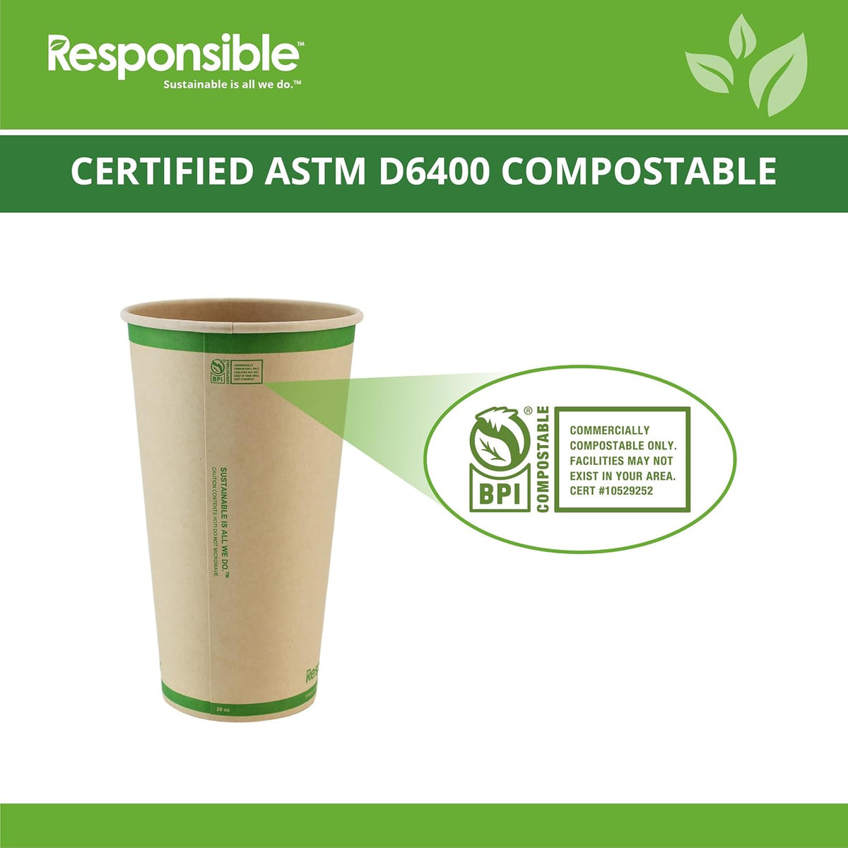 20 oz Paper Hot Cups, Tree-Less™ Compostable Paper Coffee Cups, Extra Strength, Tree-Free and Made Without Pfas, Natural Brown (1000 Count)