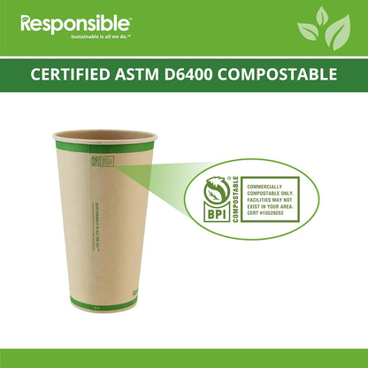 20 oz Paper Hot Cups, Tree-Less™ Compostable Paper Coffee Cups, Extra Strength, Tree-Free and Made Without Pfas, Natural Brown (1000 Count)