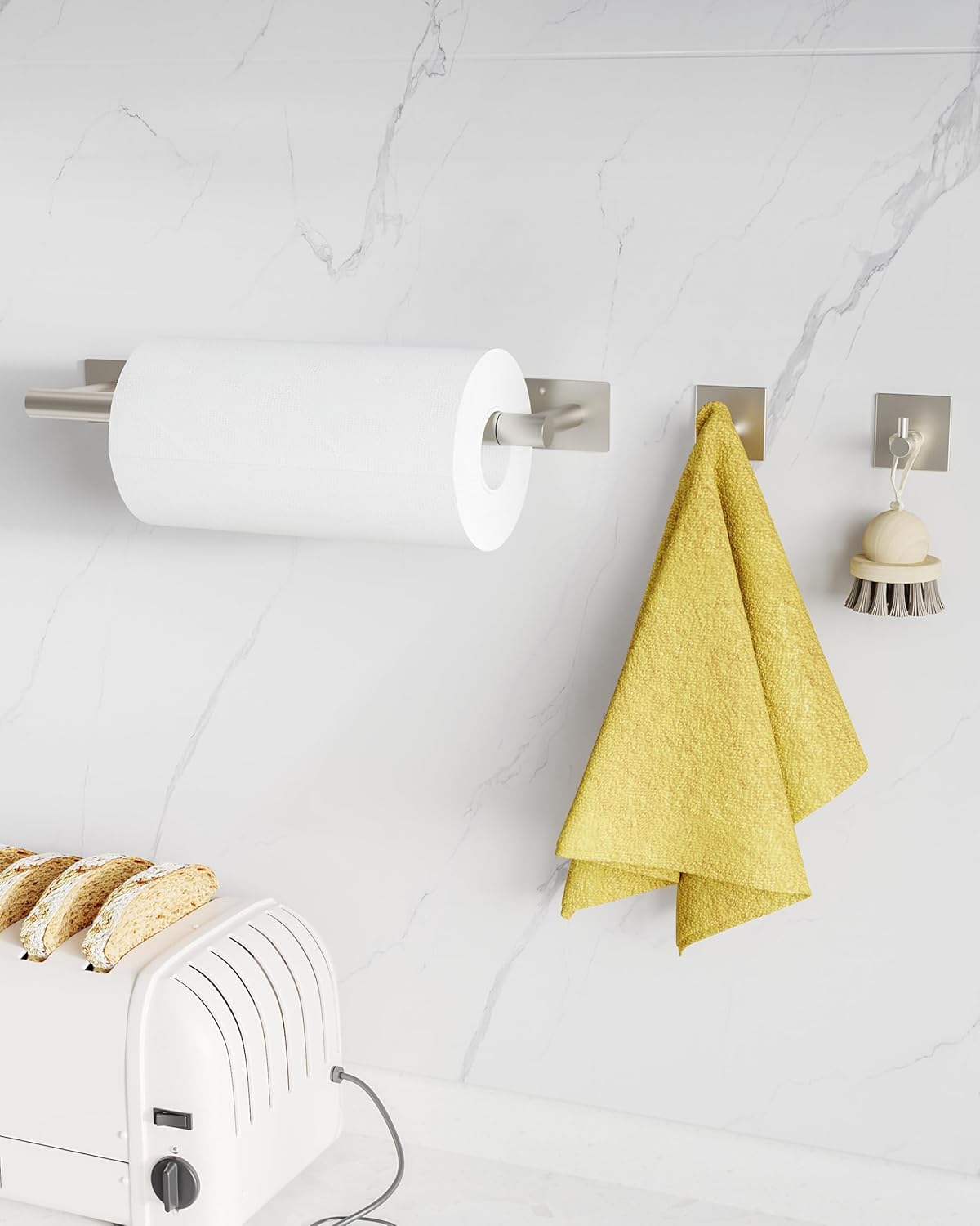 Paper Towel Holder Under Cabinet, Self Adhesive or Wall Mounted SUS304 Stainless Steel Paper Towel Holder for Kitchen, Bathroom(2 Towel Hooks, Silver)
