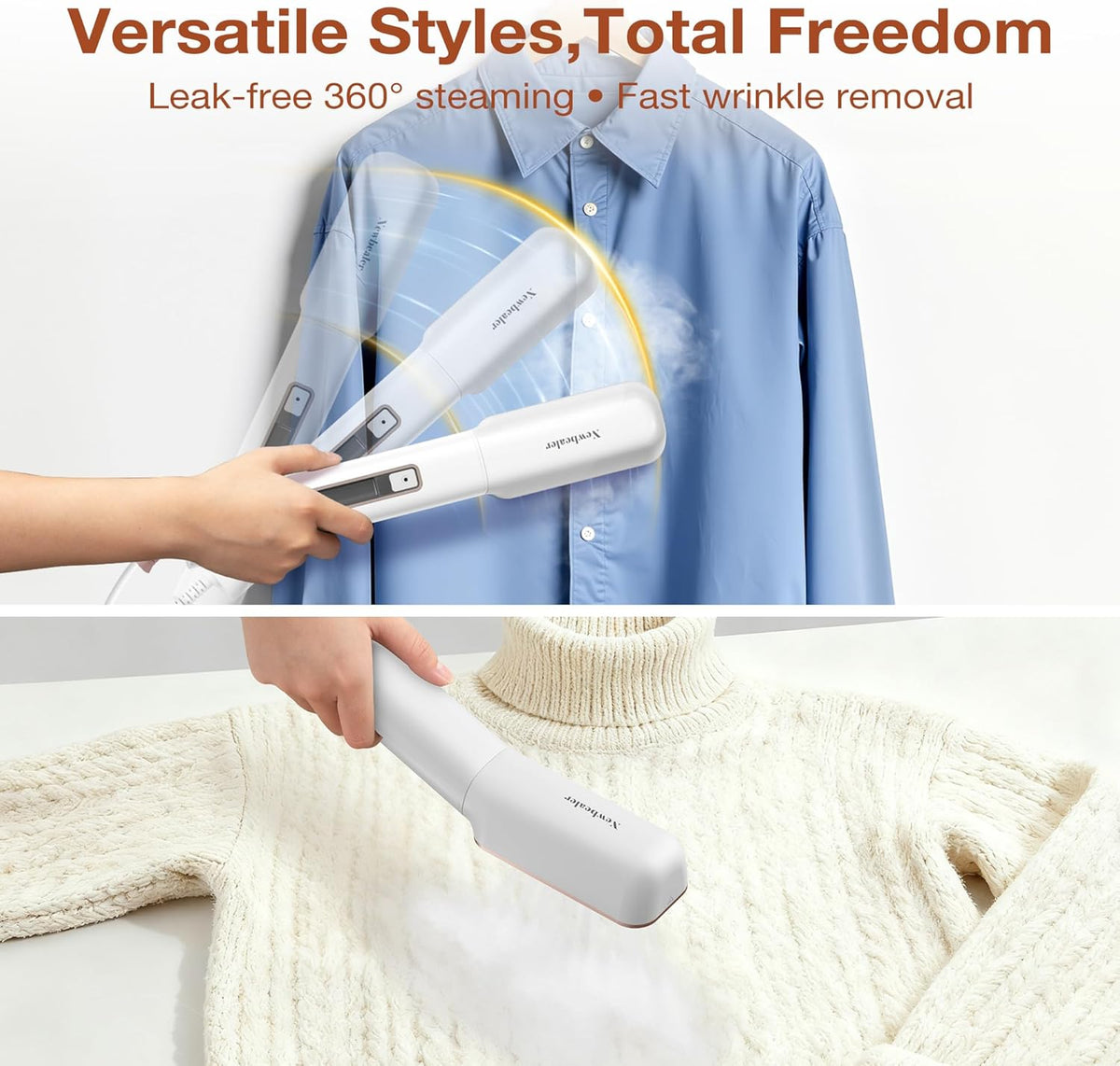 Newbealer 2in1 Travel Iron with Global Voltage, 100-240V Clothes Steamer, Dry Ironing & 2 Steam Levels, Non-Stick Ceramic Soleplate, Fabric Wrinkle Remover, Auto-off, Self Cleaning, No Clamp (Gold)