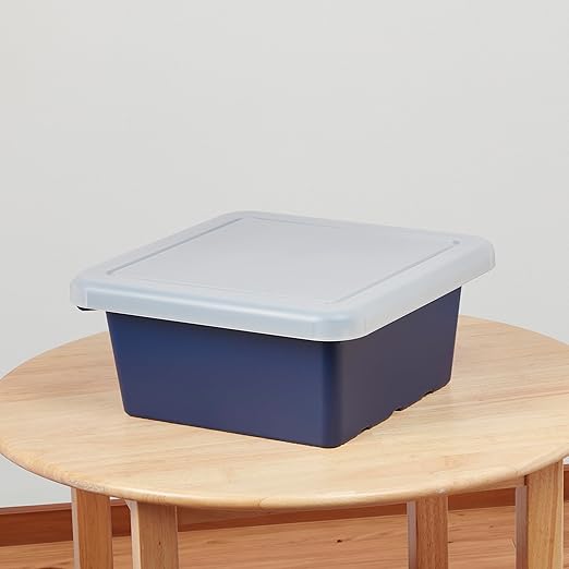 ECR4Kids Stackable Square Bins with Non-Snap Lids, Multipurpose Organization, Navy, 2-Pack