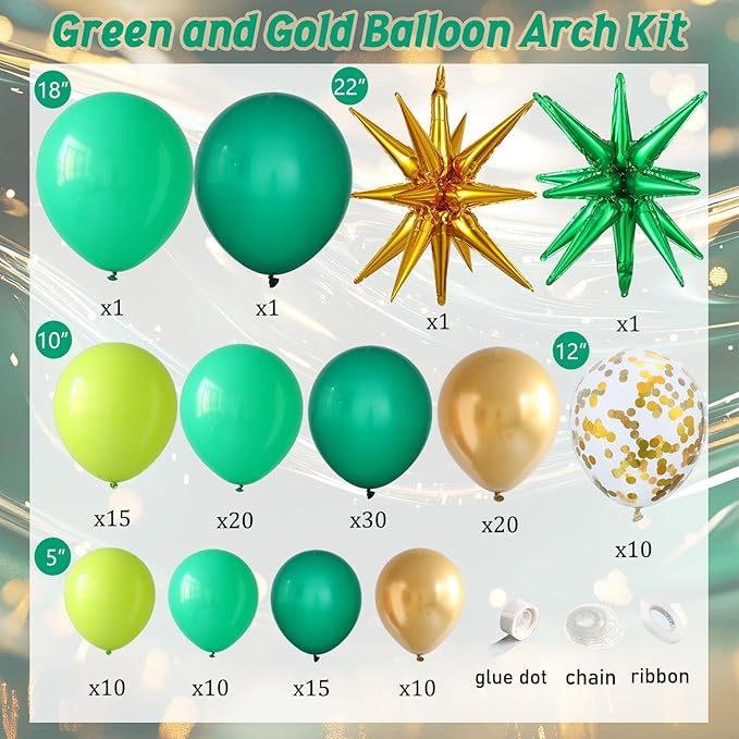 Tesochye 147 PCS Green and Gold Balloon Garland Arch Kit,Dark Green Gold Confetti Balloons with Exploding Star Foil Balloons for Graduation Class of 2026 Anniversary Birthday Jungle Party Decorations