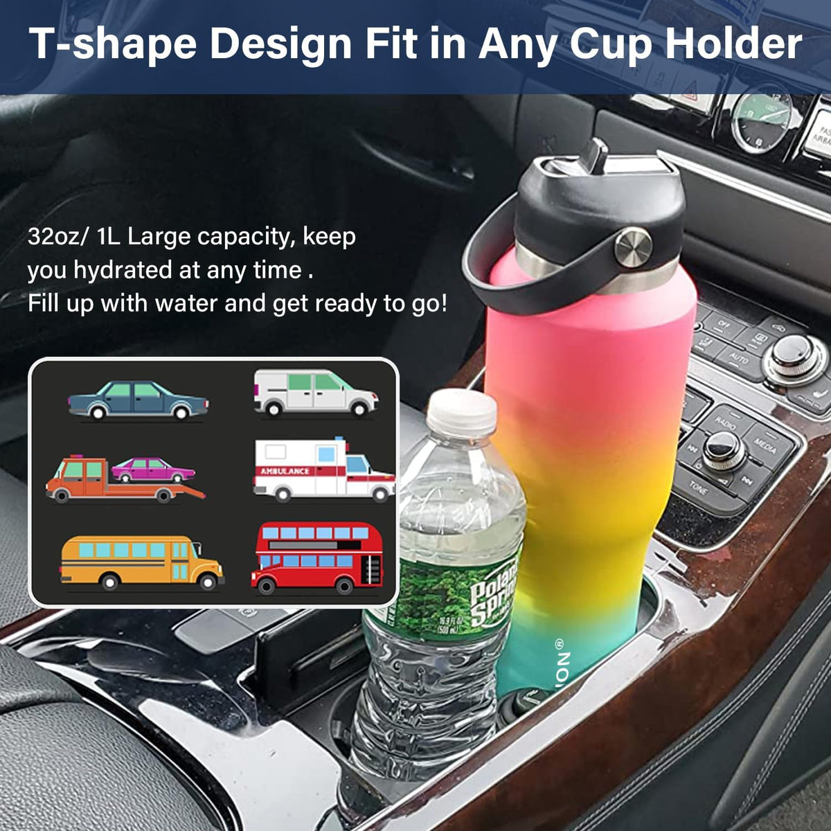 40 oz Insulated Water Bottle with Straw fit in Car Cup Holder(Cold 48 hrs, Hot 24 hrs) Drinking Bottle with Straw Lid