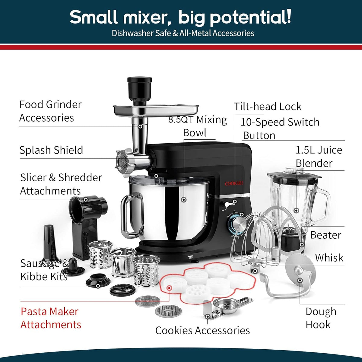Cooklee 6-IN-1 Stand Mixer, 8.5 Qt. Multifunctional Electric Kitchen Mixer with 9 Accessories for Most Home Cooks, SM-1507BM (Black)