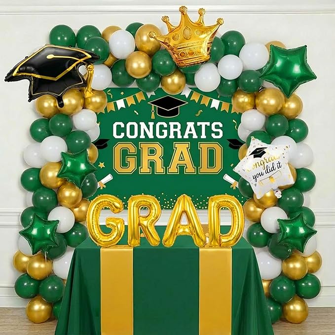 Green White Gold Balloon Garland Arch Kit with backdrop Stars Graduation Cap crown GRAD Letters Mylar Balloons for 2026 graduate Prom Decorations