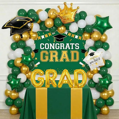 Green White Gold Balloon Garland Arch Kit with backdrop Stars Graduation Cap crown GRAD Letters Mylar Balloons for 2026 graduate Prom Decorations