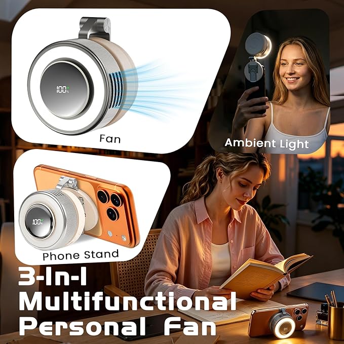 Portable Clip-On Fan, Mini USB Rechargeable 360° Rotatable Fan, 3-Speed Silent Mini Bladeless Fans (Sliver-2000mAh)