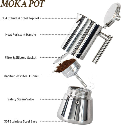 Stovetop Espresso Maker, 6Cup 10 oz Moka Pot, Stainless Steel Cuban and Italian Coffee Maker for Cafetera Cubana, Greca De Cafe Induction Stovetop Compatible, Coffee Gift for Home Travel