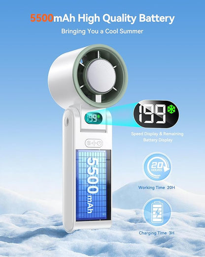 Portable Handheld Turbo Fan with Ice Cooler, 199 Speed Personal Fan,5500mAh Rechargeable,20H Cooling Time,20000 RPM Powerful Silent Motor, Summer Essential for Travel/Outdoor/Office, White