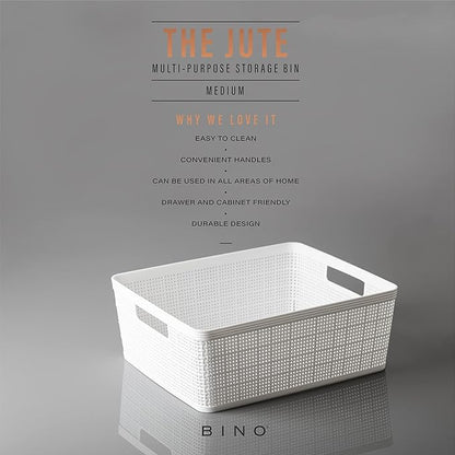 BINO | Woven Plastic Basket | Medium (White), 4-Pack | THE JUTE COLLECTION | Home Organization, Space - Saving Storage, Stylish Design | Jute Basket | Plastic Storage Basket