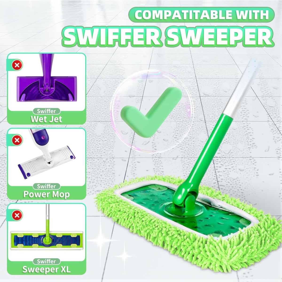 8 Pack Reusable Mop Pads Compatible with Swiffer Sweeper, Microfiber Chenille Washable Swiffer Mop Pads, Dry & Wet Sweeping Mopping Cloths (Green)