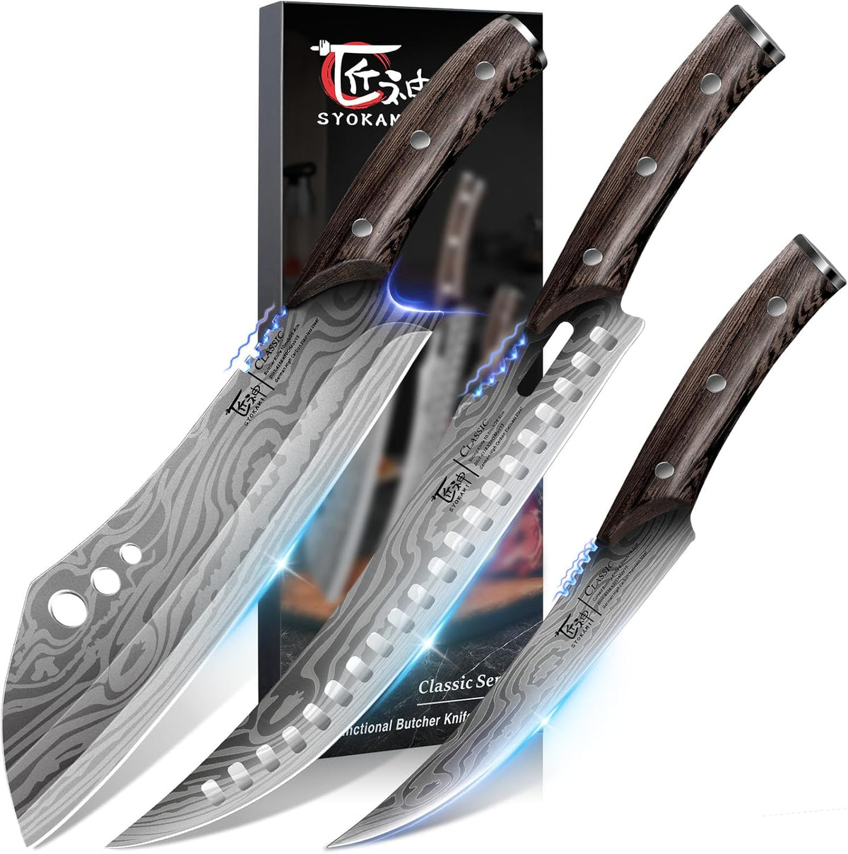 Butcher Knife Set, 3 PCS Kitchen Knife for Meat Cutting, Cleaver, Breaking & Boning Knife