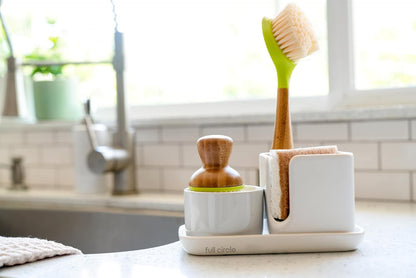 Full Circle Stash, Ceramic Kitchen Sink Caddy, Stylish Modular Sponge Holder & Dish Brush Organizer, Green and White, 11"