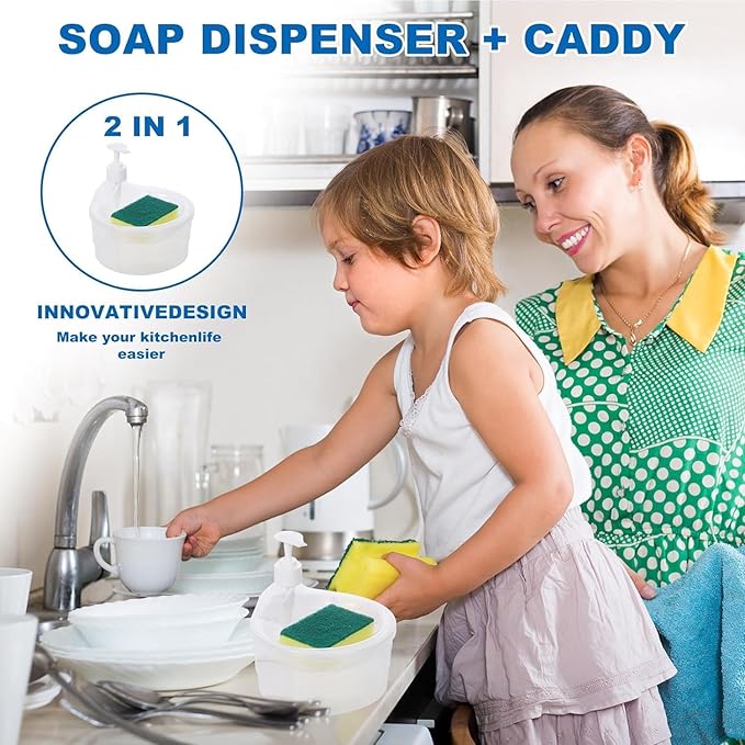 Leafly 2 in 1 Soap Dispenser for Bathroom Accessories Dishwasher Liquid Holder Liquid Dispenser Pump 400 ML with Sponge Holder Kitchen Sink Accessories Items (Multi-Color) (White) (DISHWASH_D)