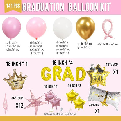 Pink White and Gold Balloon Garland Arch Kit 140Pcs with Pink and gold Stars Graduation Certificate Crown DIY bow for 2025 GRAD Prom coquette Decorations