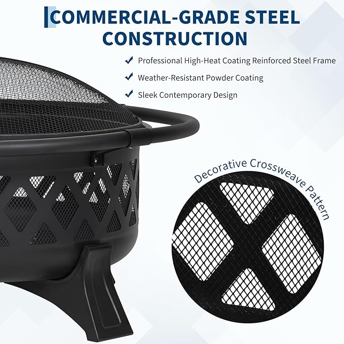 36-Inch Outdoor Wood Burning Fire Pit with Lid & Spark Screen, Heavy Duty Steel, BBQ Grill Grate, Poker, for Backyard, Patio, Campfire