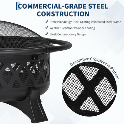 36-Inch Outdoor Wood Burning Fire Pit with Lid & Spark Screen, Heavy Duty Steel, BBQ Grill Grate, Poker, for Backyard, Patio, Campfire