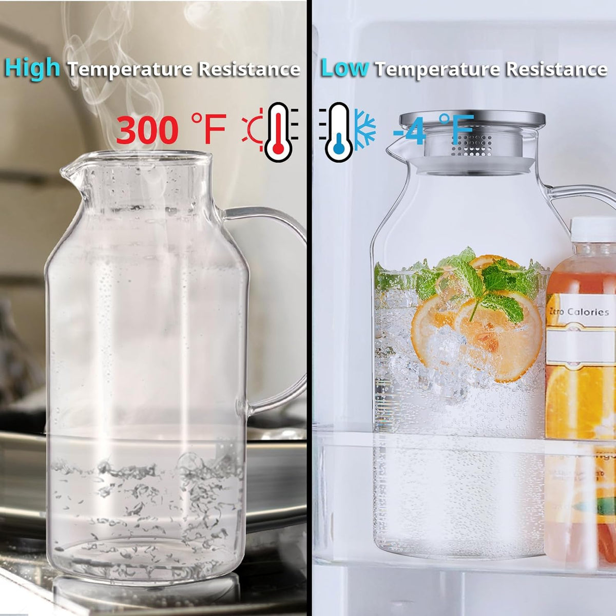 3 Liter 101 oz Glass Pitcher with Lid and Spout, Bivvclaz Glass Water Pitcher for Fridge, Glass Carafe for Hot/Cold Water, Iced Tea Pitcher
