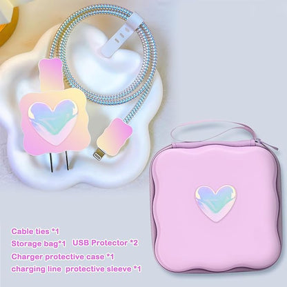 CameCosy DIY Phone Charger Case Storage Sets Cable Protector Earphone Wire Saver with Purple Wave Travel Storage Bag, Cable Charger Protector Cord Organizer for iPhone (Pearl Heart)