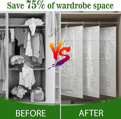 6 Pack Hanging Vacuum Storage Bag, 43.3 x 27.6 inch Hanging Vacuum Sealer Storage Space Saver Bags, Reusable Space Saver Bags, for Suits, Dress, Jackets, Clear