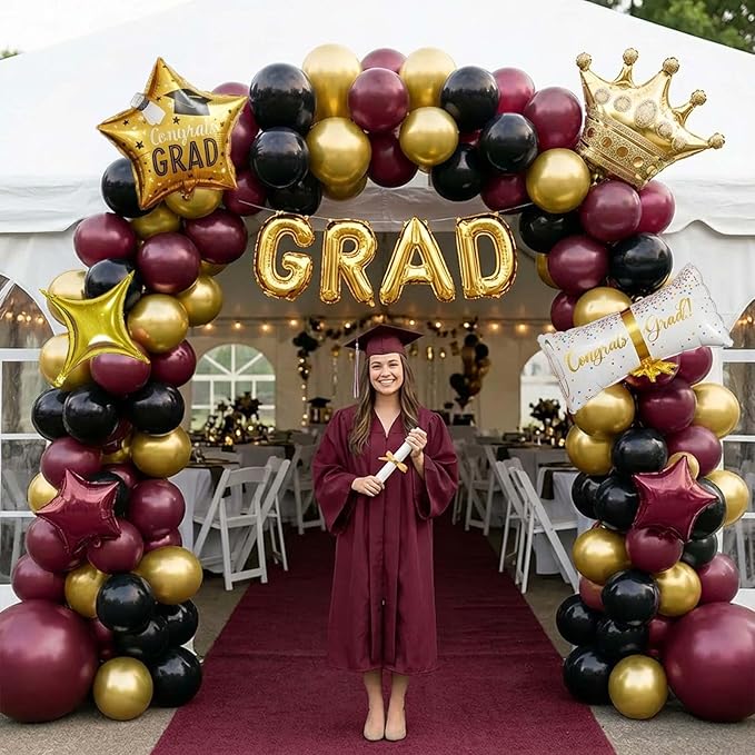 Elegant Burgundy Black Gold Graduation Balloon Garland Kit with foil graduation caps diplomas GRAD letters wine red stars and crowns Balloons for Maroon Class of 2026 Graduates Party Decorations
