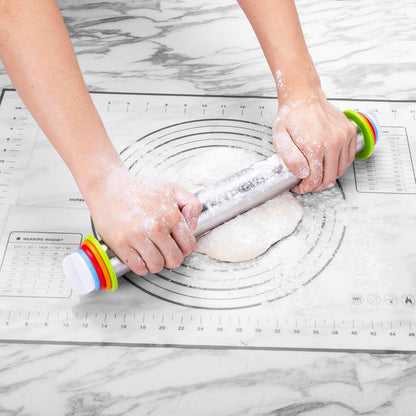Rolling Pins, Stainless Steel Dough Roller, Rolling Pin and Silicone Baking Pastry Mat Set