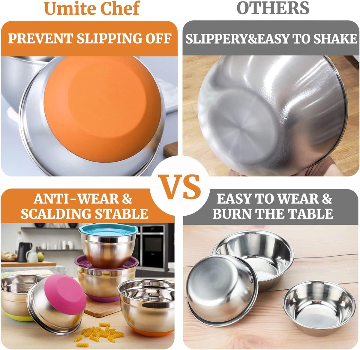 Umite Chef Mixing Bowls with Airtight Lids, 6 Piece Stainless Steel Metal Bowls, Measurement Marks & Colorful Non-Slip Bottoms Size 7, 3.5, 2.5, 2.0