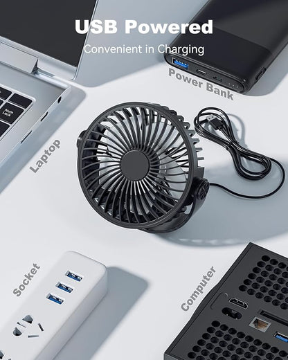 Edvision USB Desk Fan, 5 Inch Mini Portable, 3 Speeds Strong Airflow Personal Desktop, Detachable Cooling Fan 360° Rotation Quiet Small Fan for Desk Home Office Travel Car, Black, 5ft Cable