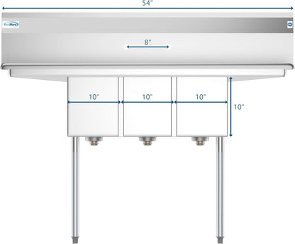 KoolMore - SC101410-12B3 3 Compartment Stainless Steel NSF Commercial Kitchen Sink with Right and Left Drainboards - Bowl Size 10" x 14" x 10", Silver